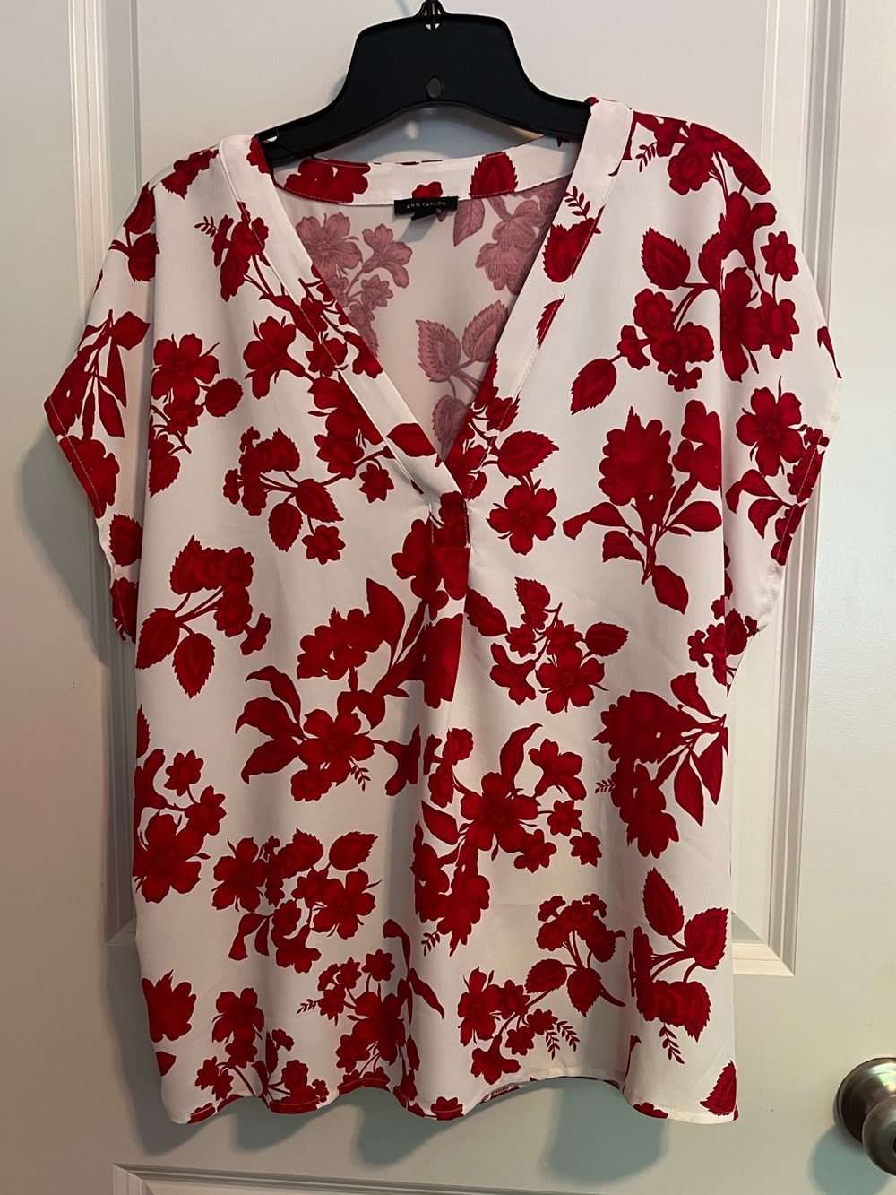 Ann Taylor White Blouse with Red Floral Print